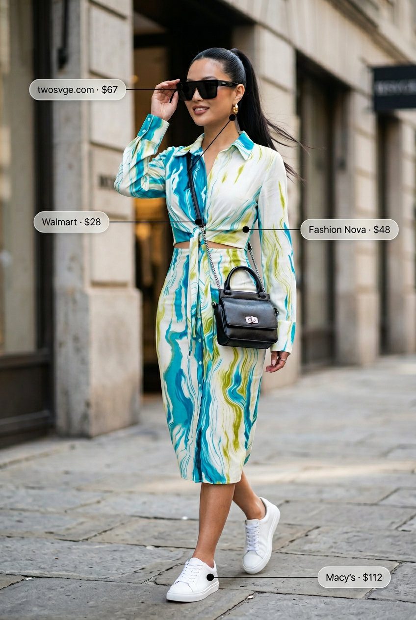 What to Wear with Midi Dress Summer 2026: Edgy black midi shirt dress with white sneakers and crossbody bag for city exploration.
