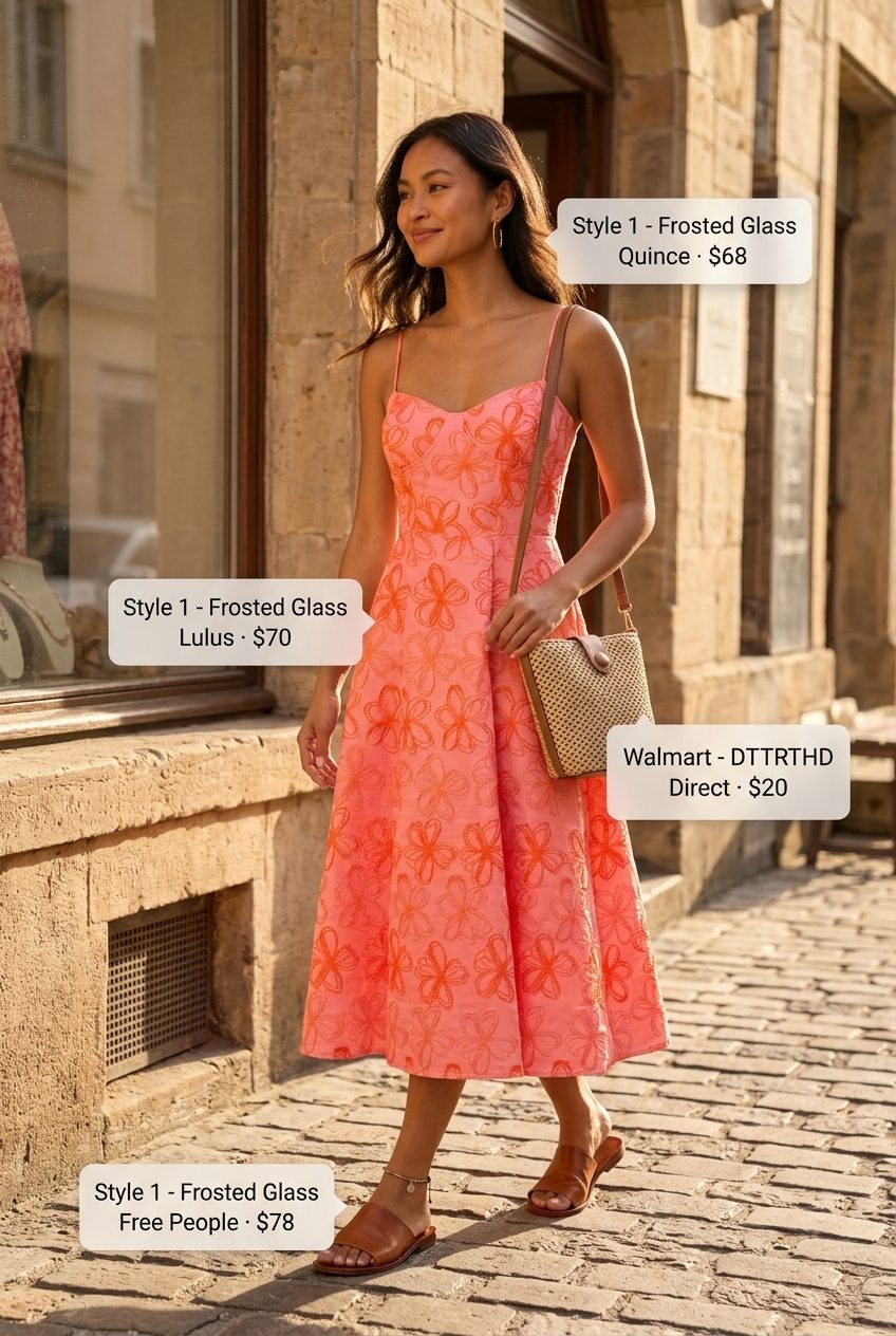 Chic weekend brunch midi dress outfit for summer 2026. Cream dress, coral accents, tan sandals, straw bag, gold hoops.