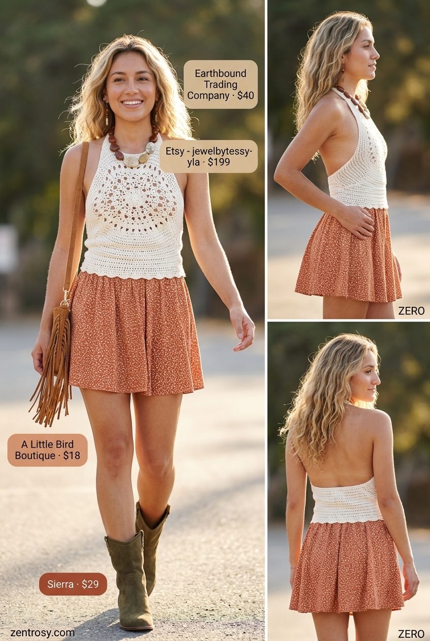 Boho festival outfit: Terracotta floral mini skirt, cream crochet top, olive suede boots. What to wear with mini skirt summer 2026.