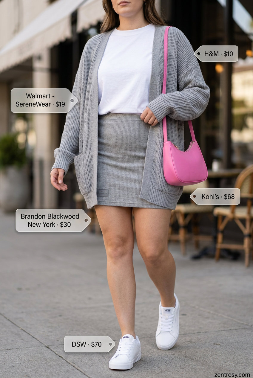 Casual Chic Comfort outfit: Grey mini skirt, oversized tee, cardigan, sneakers. What to wear with mini skirt summer 2026.