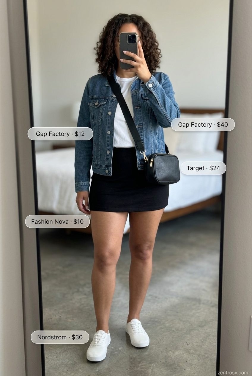 Casual Cool Summer outfit: black jersey mini skirt, denim jacket, white tee & sneakers for Summer 2026.