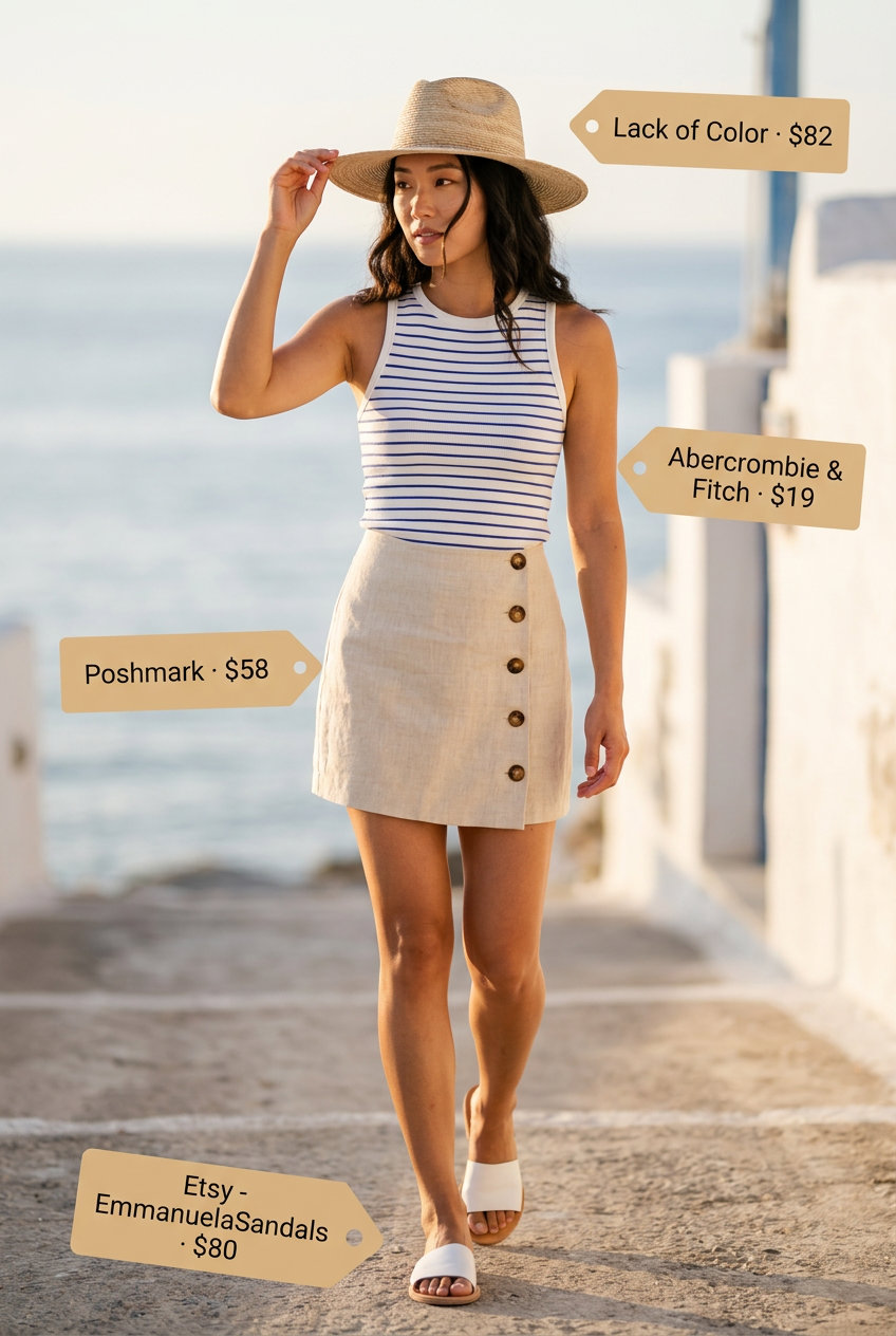 Coastal Breeze casual outfit: beige linen mini skirt, blue and white striped tank, white slides, straw hat & tote for summer 2026.
