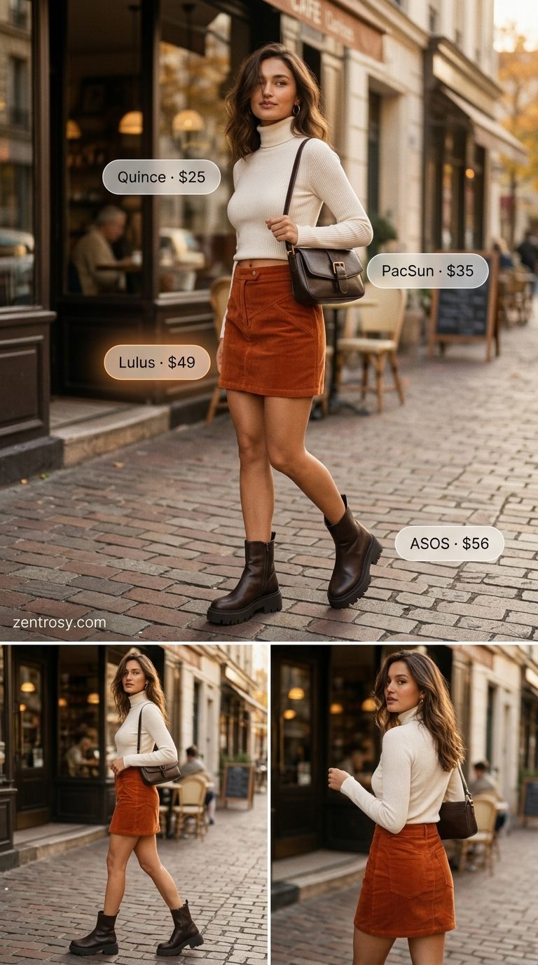 Retro mini skirt outfit: Rust corduroy skirt, cream turtleneck, platform boots. What to wear with mini skirt summer 2026.