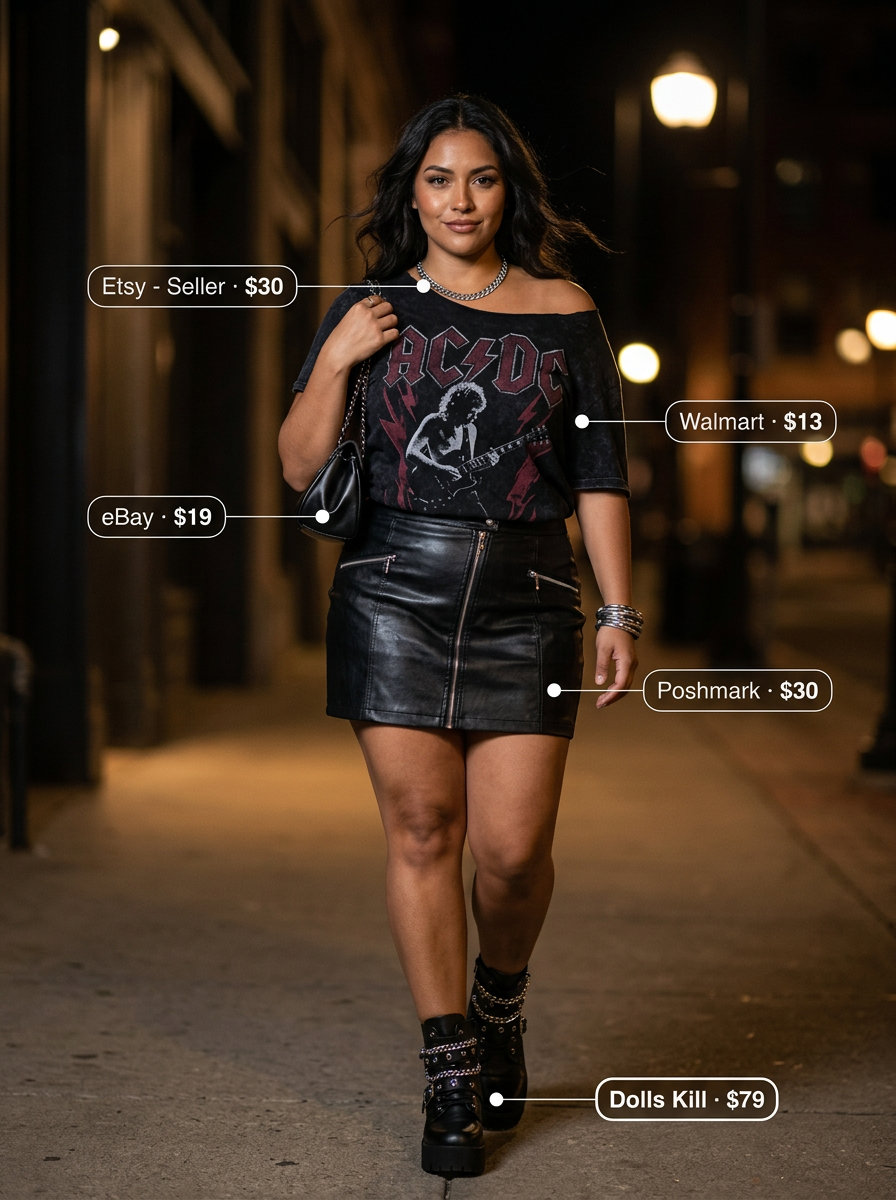 Edgy Night Out outfit: Black faux leather skirt, graphic tee, platform boots. What to wear with mini skirt summer 2026.