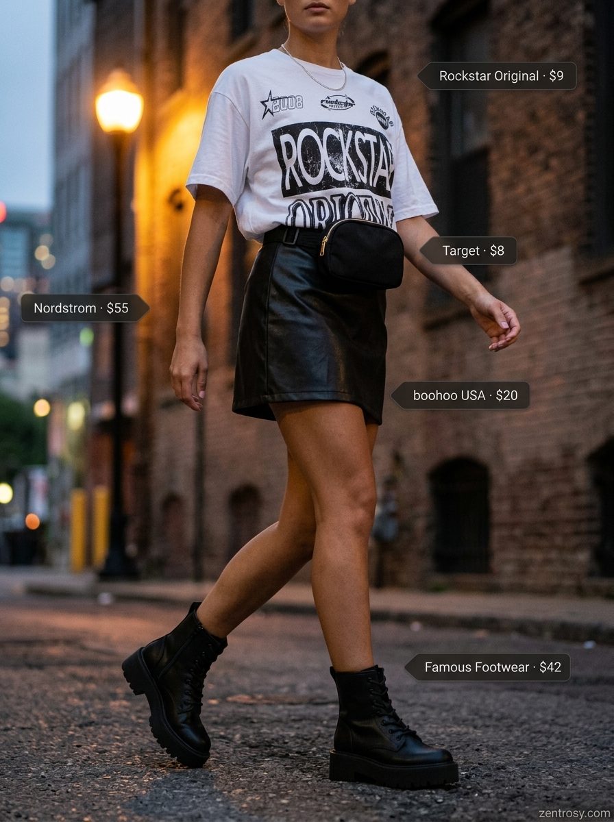 Urban edgy outfit: Black faux leather mini skirt, band tee, combat boots. What to wear with mini skirt summer 2026.