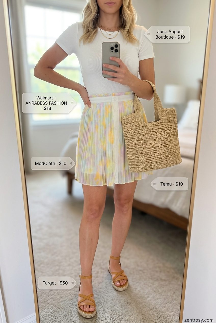 Golden Hour Garden Party outfit: floral mini skirt, cream ribbed top, tan espadrilles & straw tote for Summer 2026.