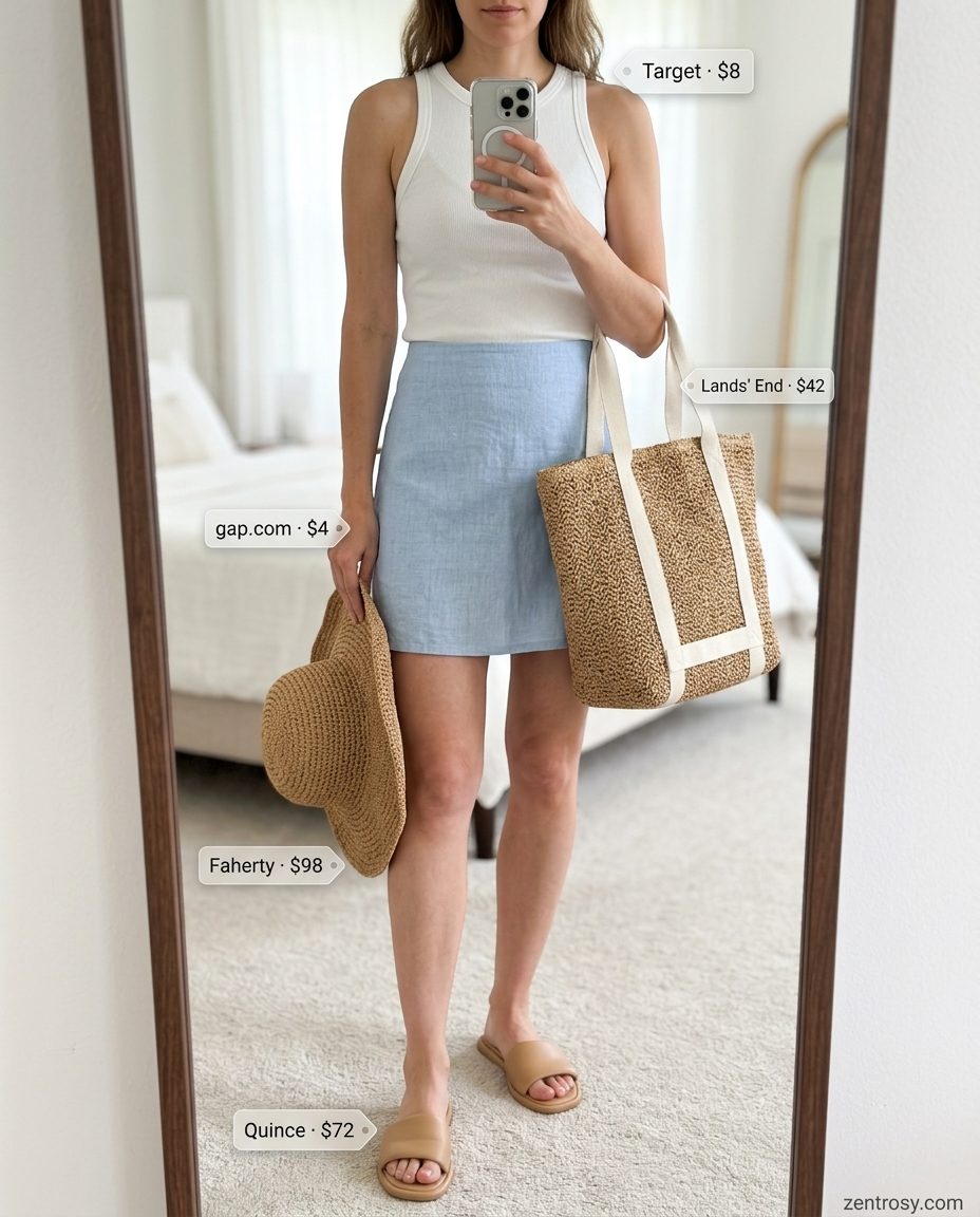 Coastal casual outfit: Sage green linen mini skirt, white ribbed tank, straw hat. What to wear with mini skirt summer 2026.