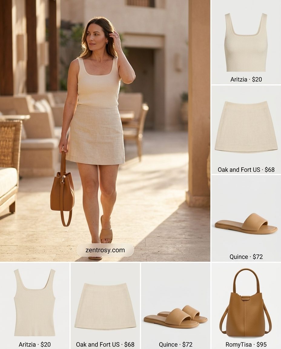 Minimalist Linen Mini outfit: beige linen skirt, cream tank, tan slides & shoulder bag for Summer 2026.