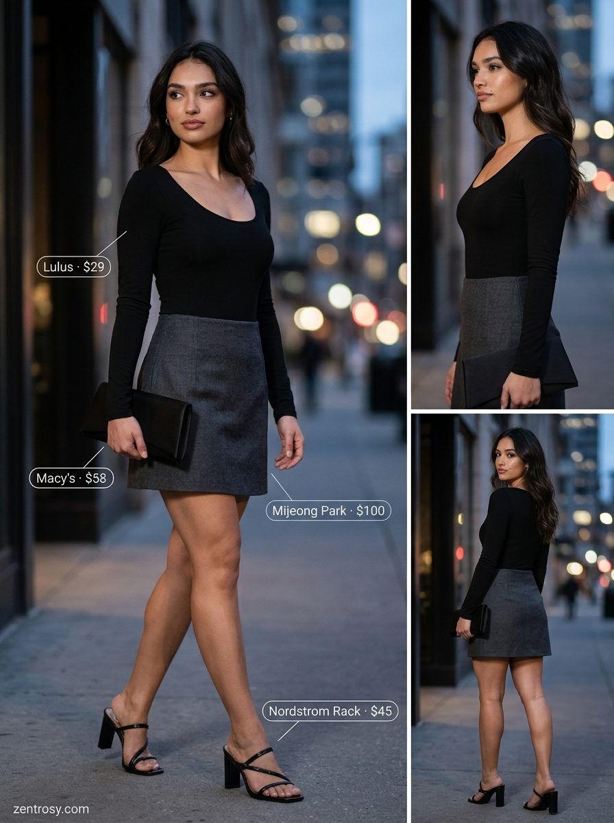 Modern Minimalist outfit: Grey wool mini skirt, black bodysuit, heeled sandals. What to wear with mini skirt summer 2026.