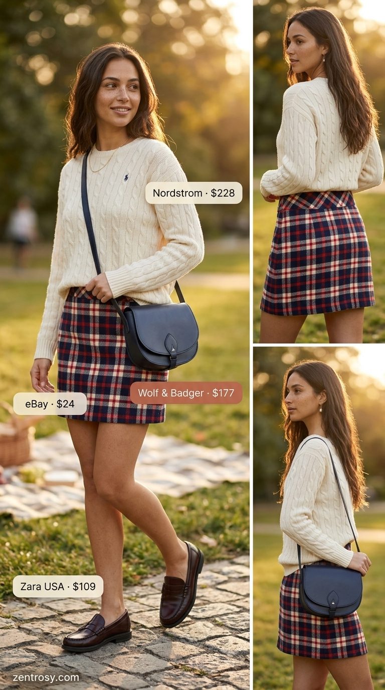 Preppy picnic outfit: Plaid mini skirt, cream cable knit sweater, penny loafers. What to wear with mini skirt summer 2026.