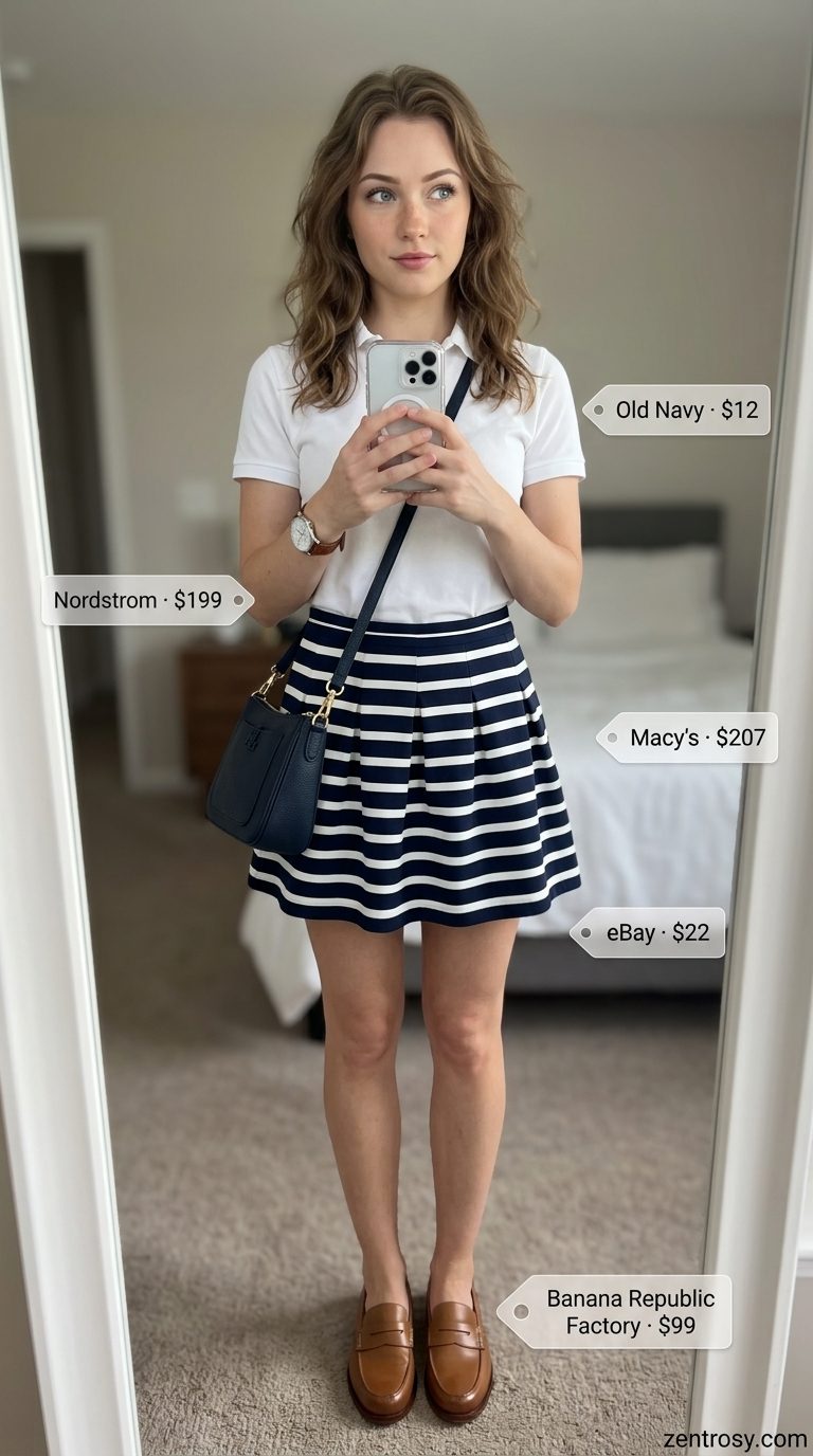 Preppy Summer Day outfit: navy striped mini skirt, white polo, loafers & crossbody bag for Summer 2026.