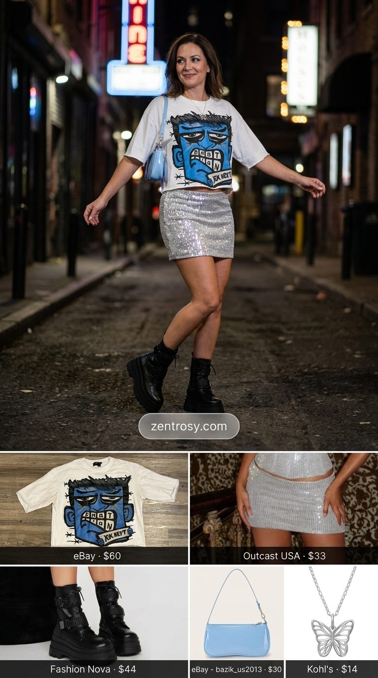 Retro Cool Vibe outfit: silver metallic mini skirt, graphic tee, platform boots & blue bag for Summer 2026.