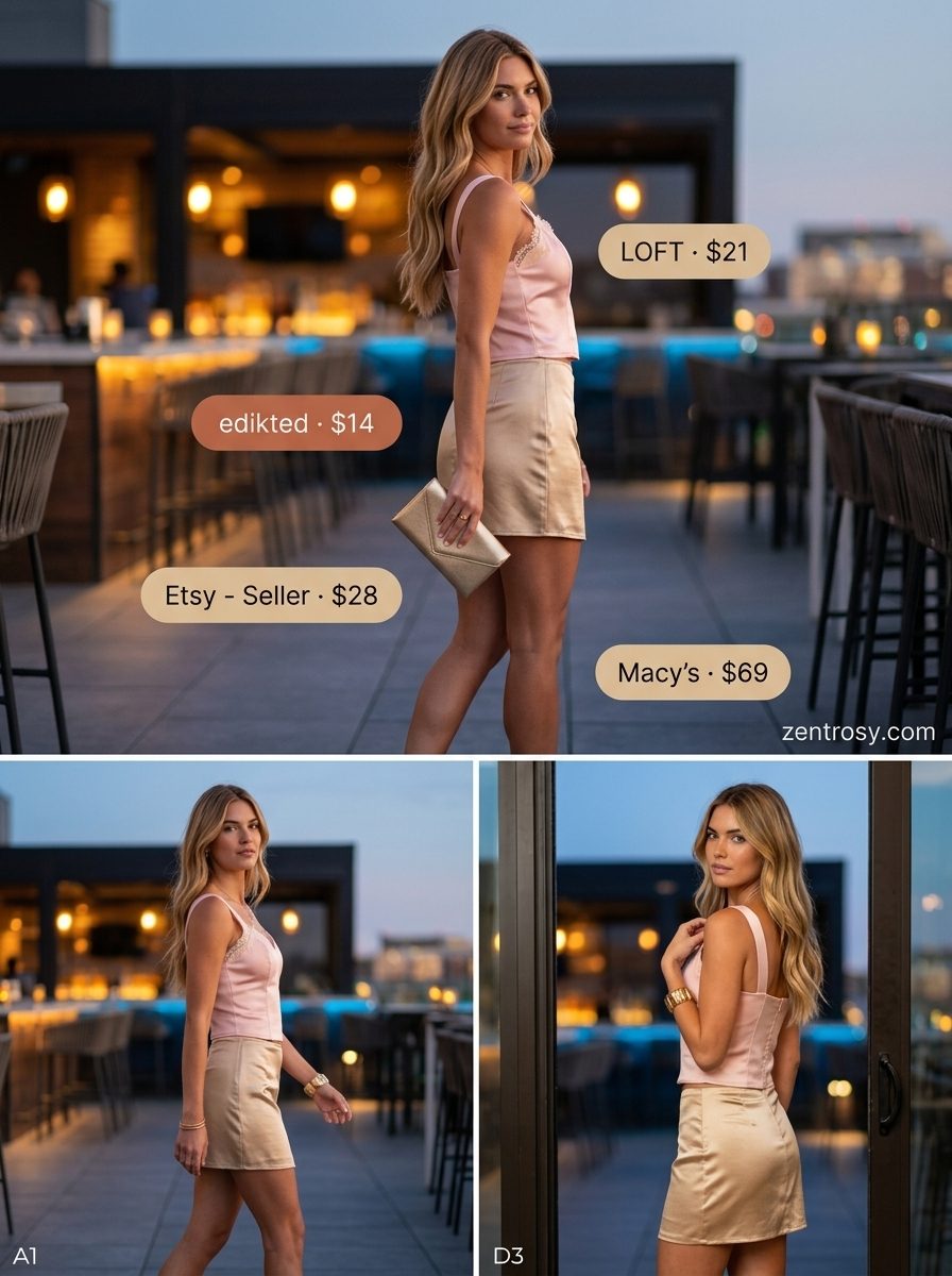Romantic date night outfit: Blush pink satin mini skirt, lace cami, gold heels. What to wear with mini skirt summer 2026.