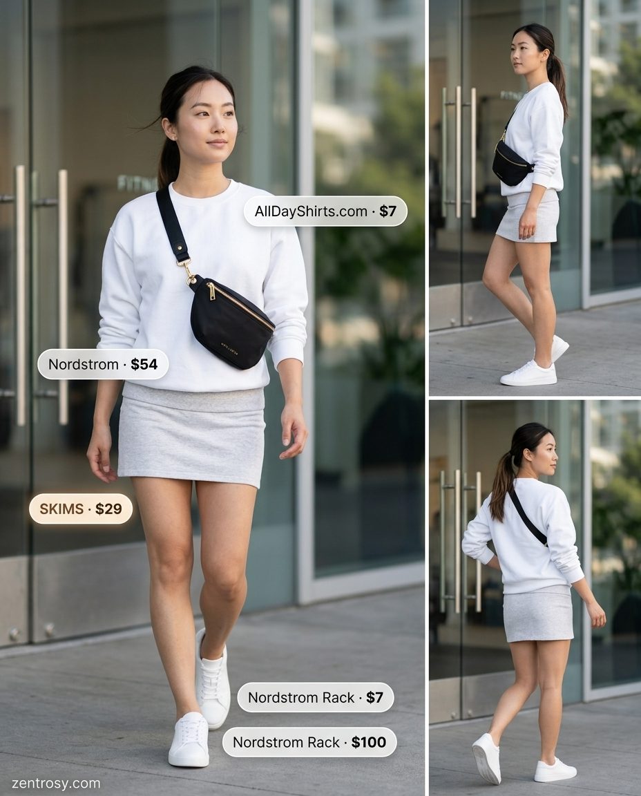 Sporty Chic Mini outfit: Grey knit skirt, sweatshirt, sneakers, cap. What to wear with mini skirt summer 2026.