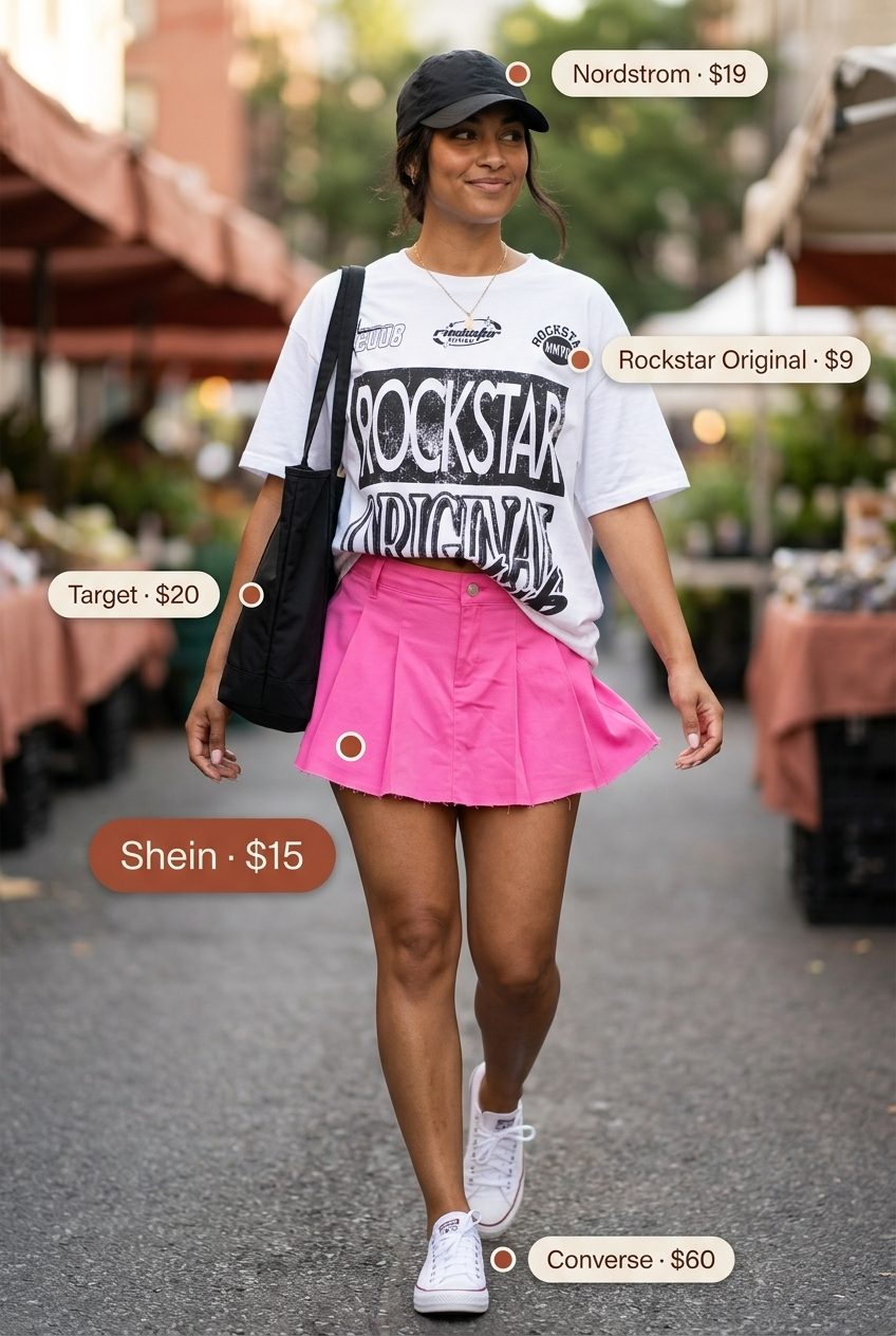 Sporty Summer Fun outfit: hot pink pleated mini skirt, oversized graphic tee, white sneakers & cap for Summer 2026.