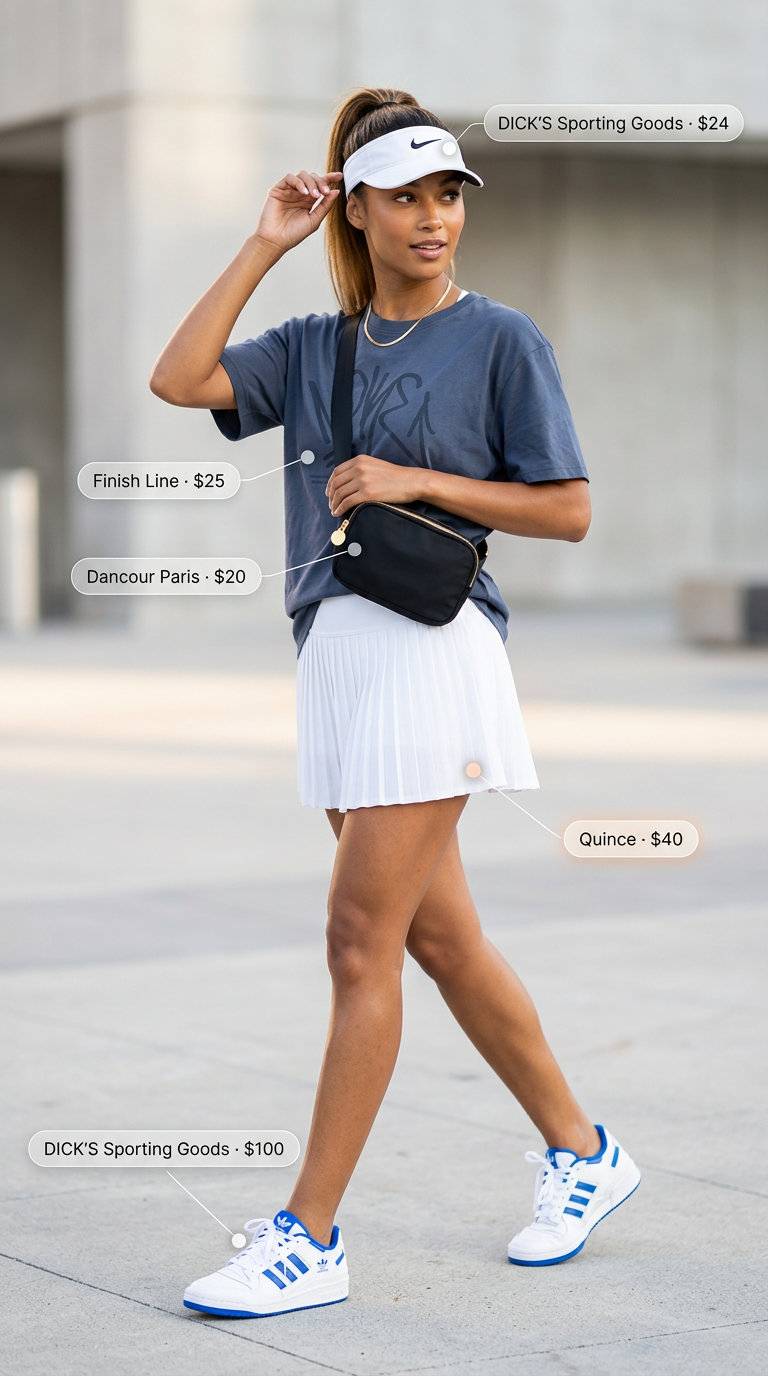 Sporty Summer Fun outfit: White pleated skirt, graphic tee, sneakers, visor. What to wear with mini skirt summer 2026.