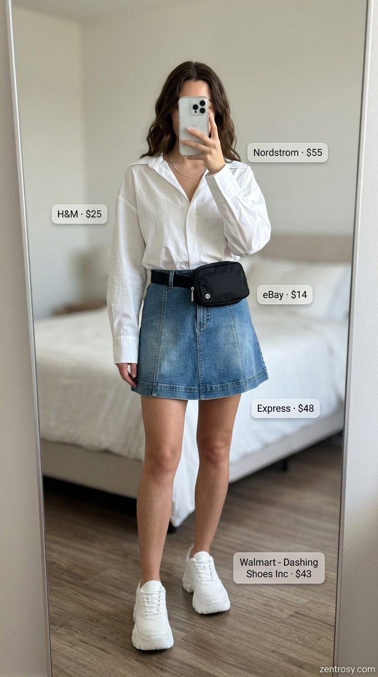 Urban Explorer Chic outfit: denim mini skirt, oversized white shirt, chunky sneakers & belt bag for Summer 2026.