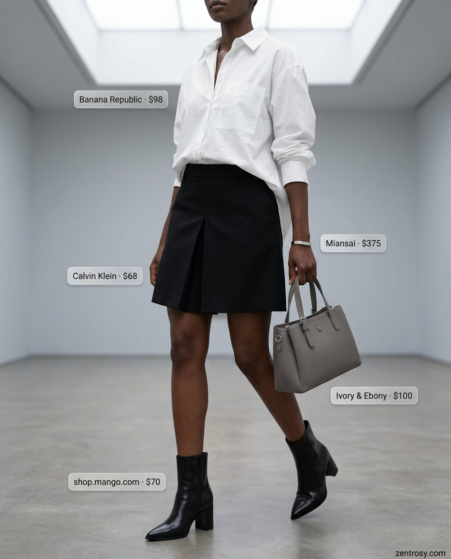 Urban Minimalist outfit: Black mini skirt, crisp white shirt, leather boots. What to wear with mini skirt summer 2026.