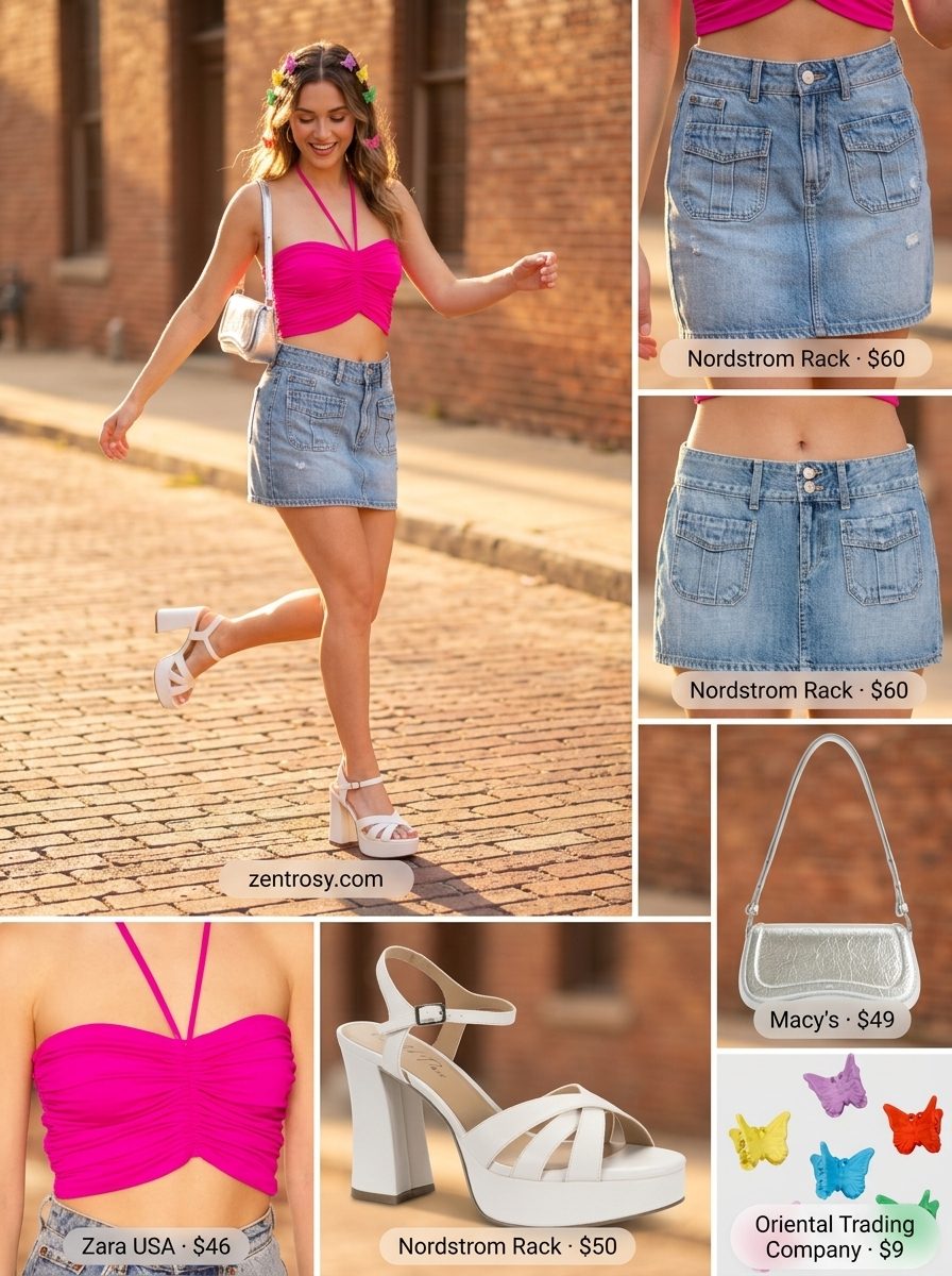 Y2K Pop Star Mini outfit: Denim skirt, hot pink top, platform sandals. What to wear with mini skirt summer 2026.