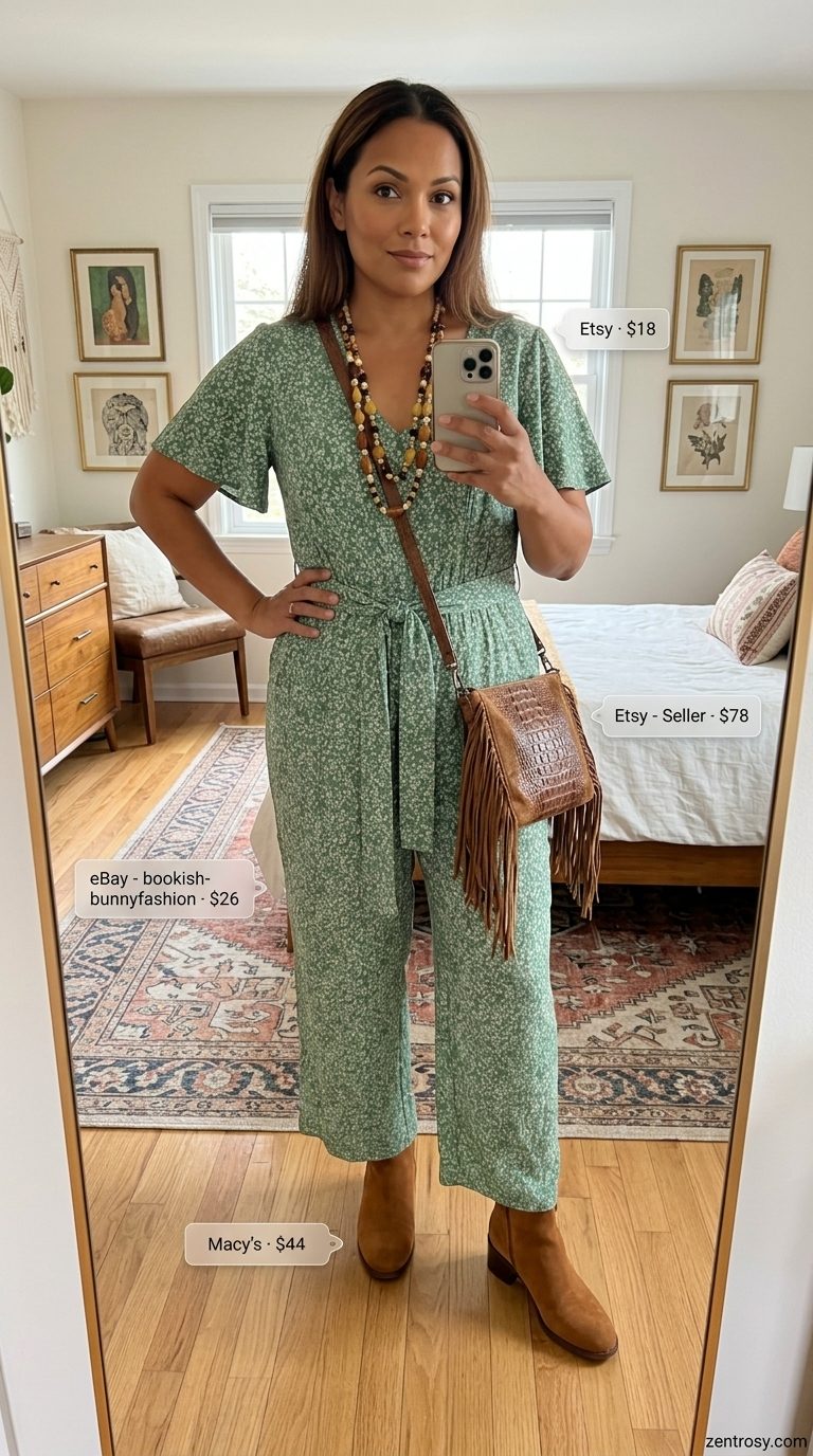 Bohemian wide leg summer linen jumpsuit for women 2026 in floral print with suede boots and fringe bag.