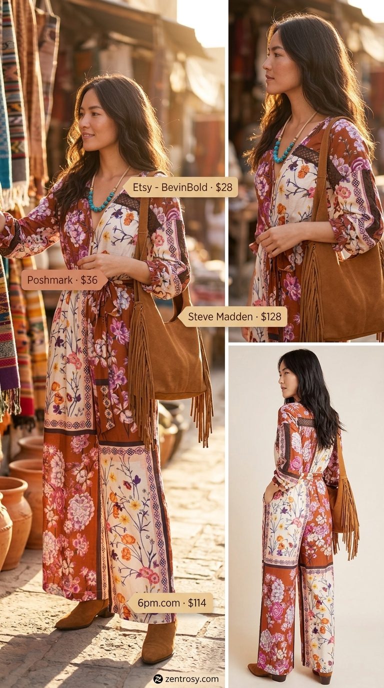 Boho earthy print wide leg summer linen jumpsuit for women 2026 with suede boots & fringe bag.
