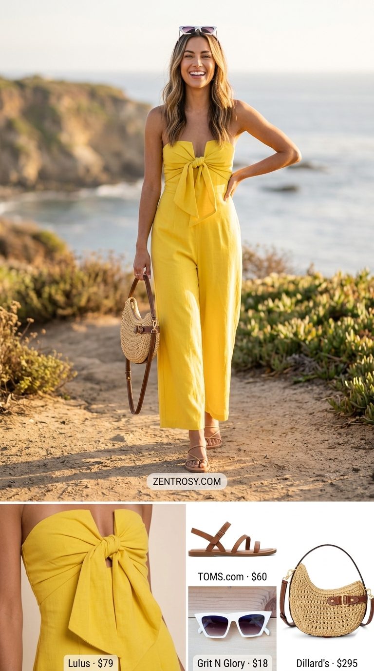 Vibrant lemon yellow wide leg summer linen jumpsuit for women 2026 with tan sandals & straw bag for vacation.