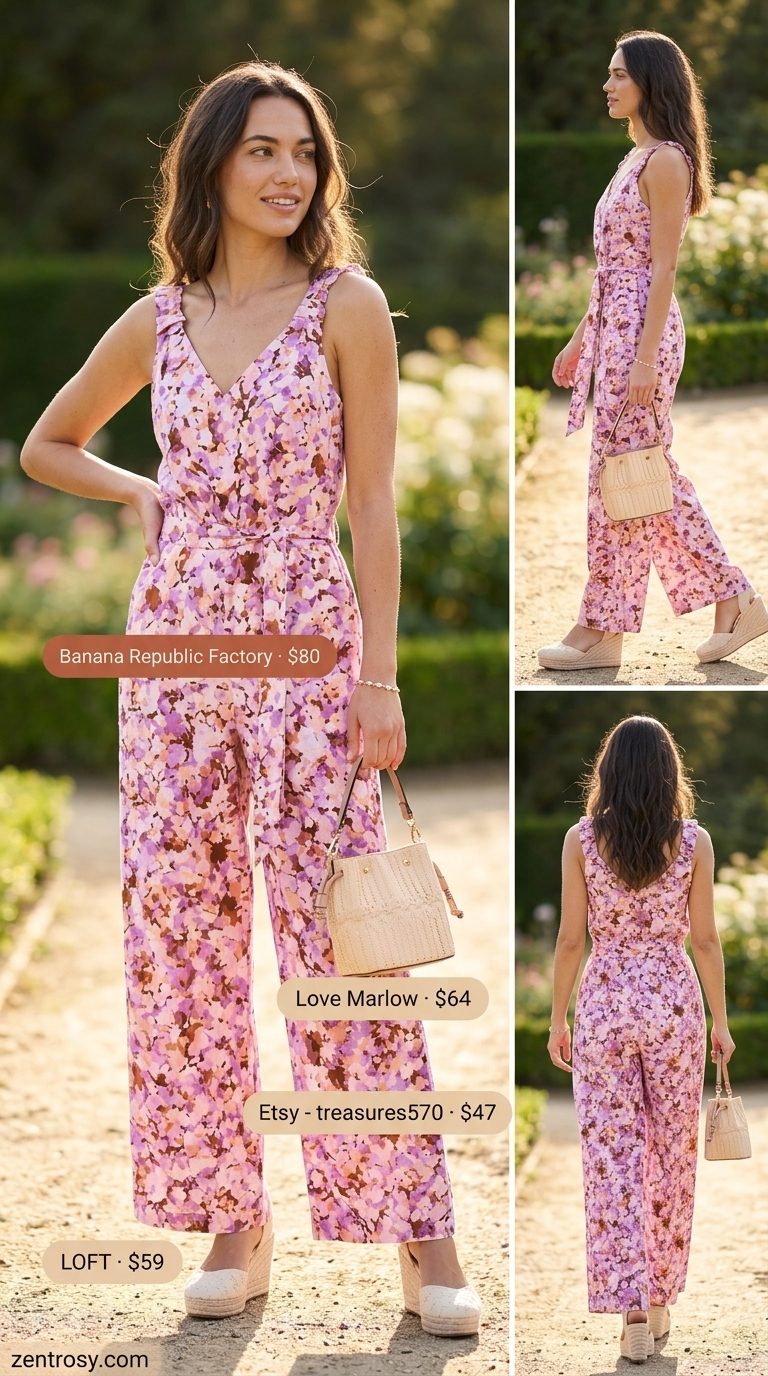 Romantic pastel floral wide leg summer linen jumpsuit for women 2026, ideal for garden parties with espadrilles.