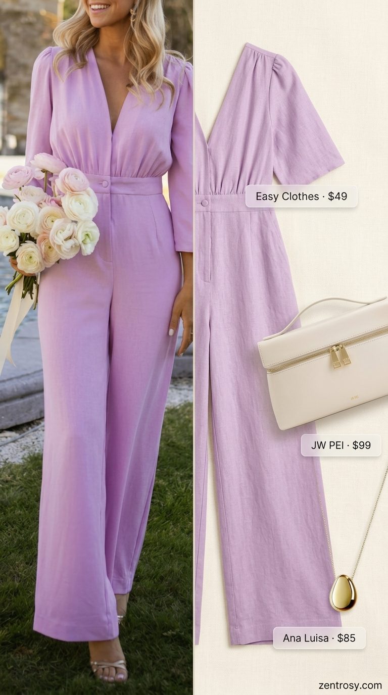 Romantic lilac wide leg summer linen jumpsuit for women 2026 with cream sandals & gold necklace.