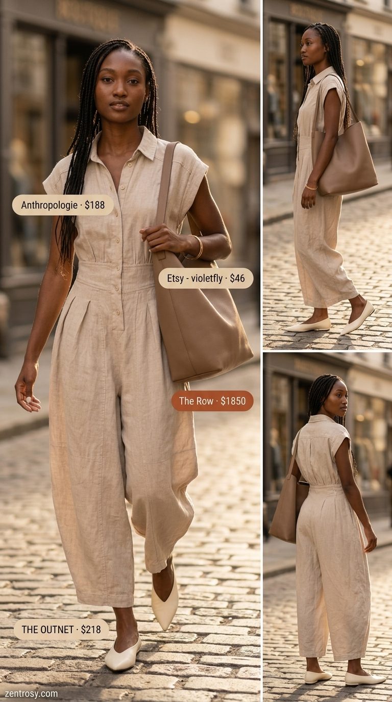Minimalist beige wide leg summer linen jumpsuit for women 2026 with cream flats & gold bangle.