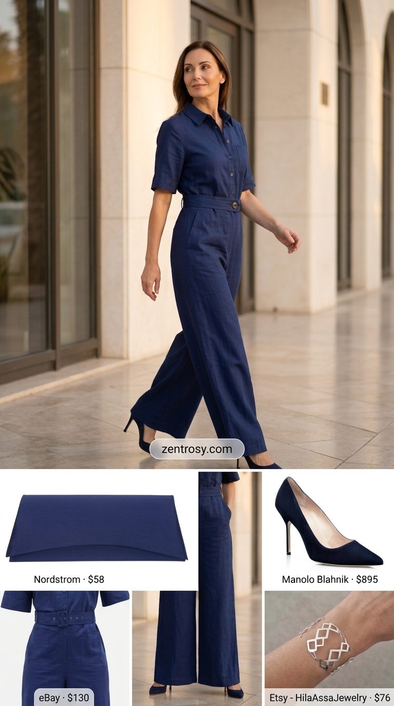 Sophisticated navy blue wide leg summer linen jumpsuit for women 2026 with silver jewelry & pumps.