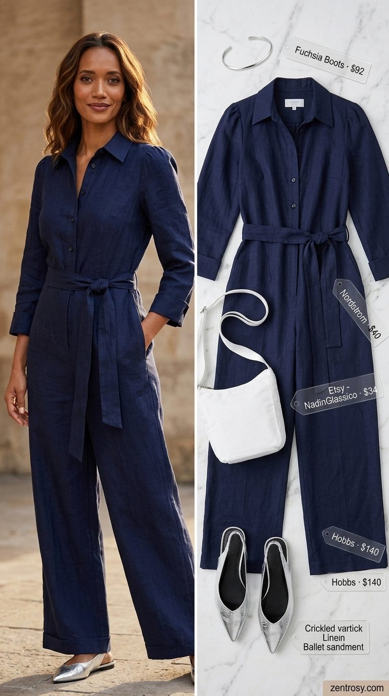 Sophisticated navy blue wide leg summer linen jumpsuit for women 2026, great for business casual.