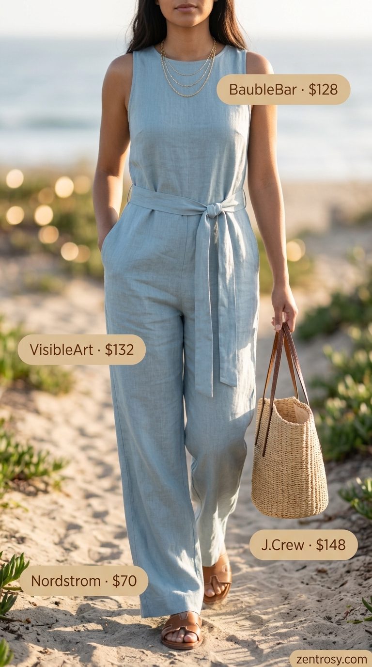 Serene ocean blue wide leg summer linen jumpsuit for women 2026, perfect for beach days with flat sandals.