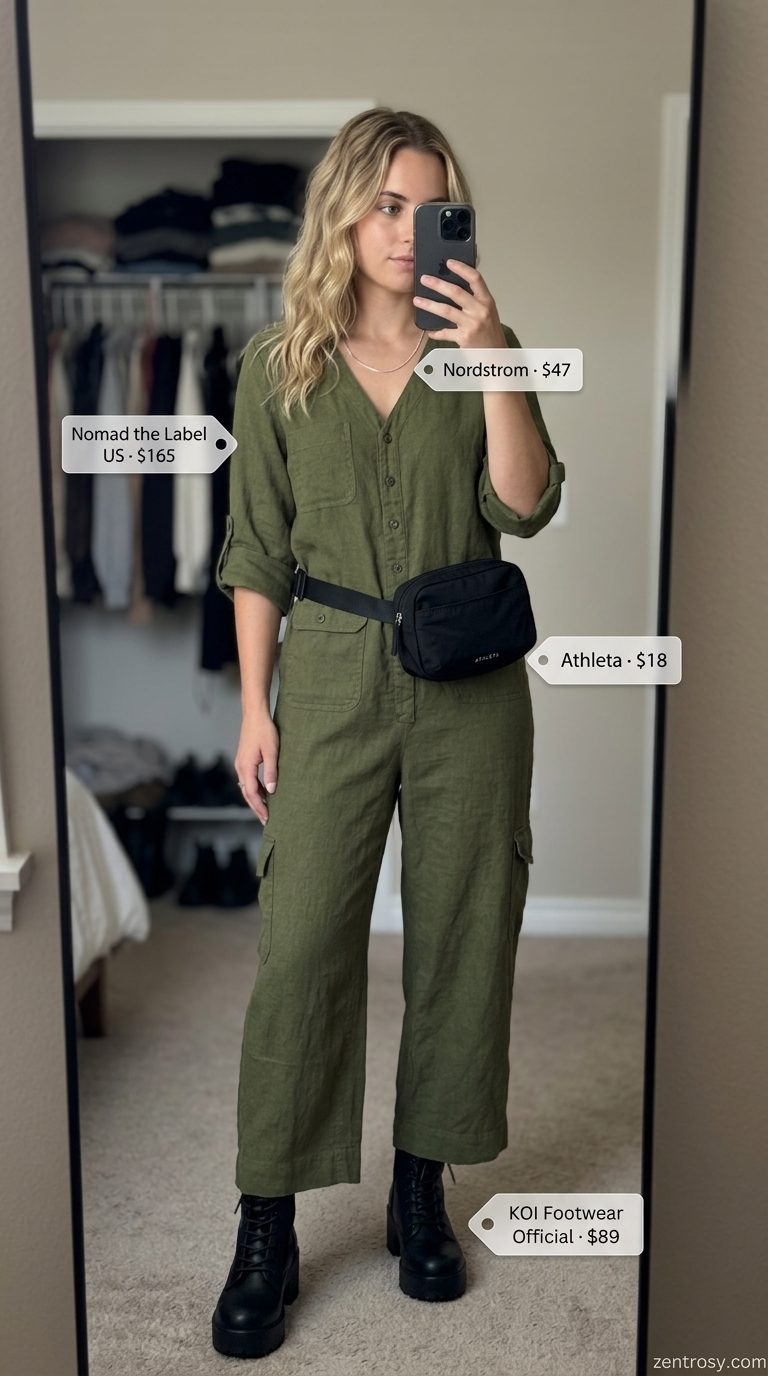 Chic olive green wide leg summer linen jumpsuit for women 2026, perfect for city exploration with combat boots.