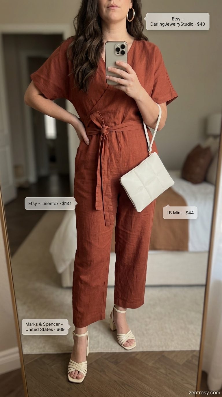 Vibrant terracotta wide leg summer linen jumpsuit for women 2026, perfect for dinner dates with block heels.