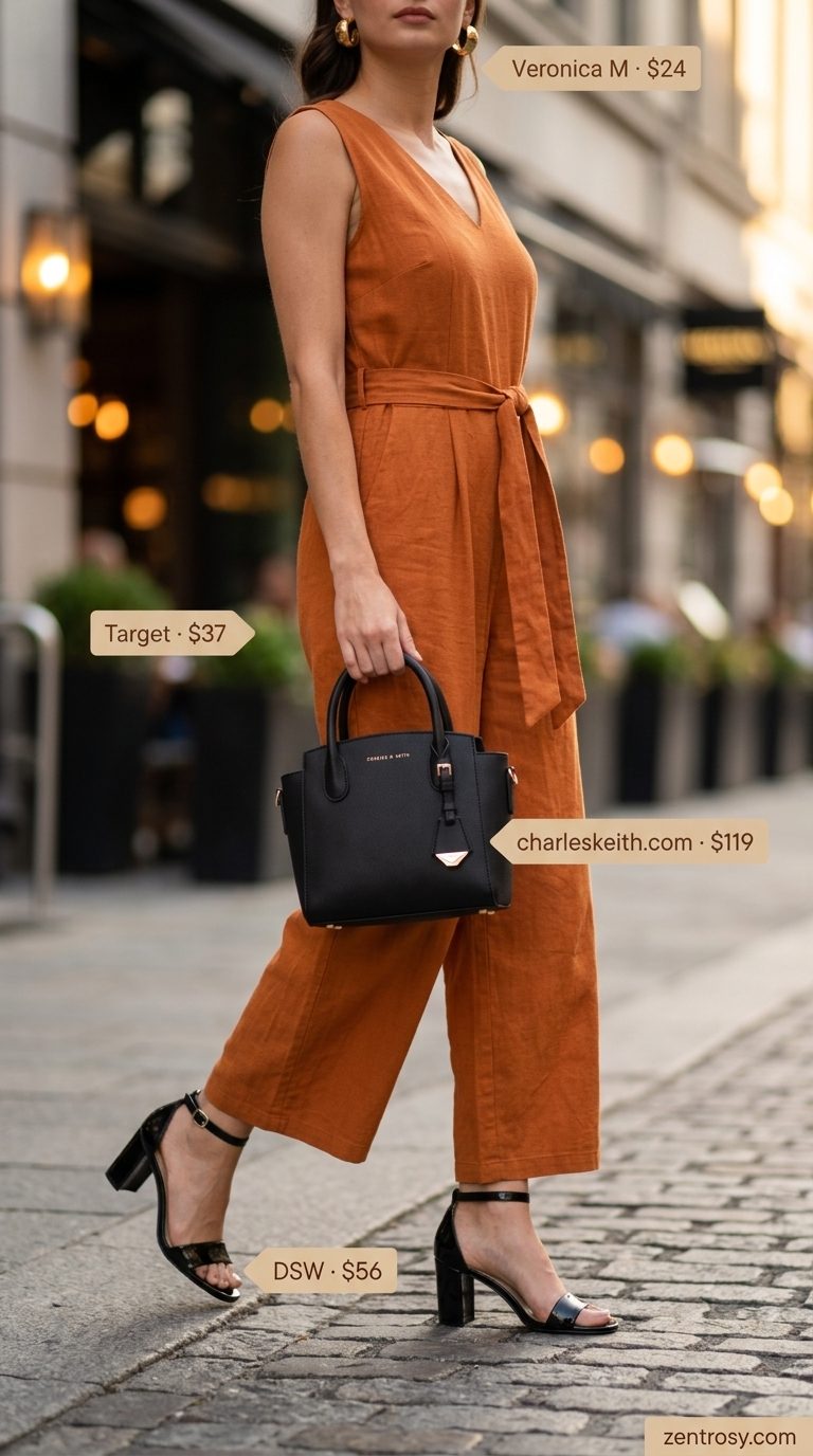 Elegant terracotta orange wide leg summer linen jumpsuit for women 2026 with black heels & gold earrings.