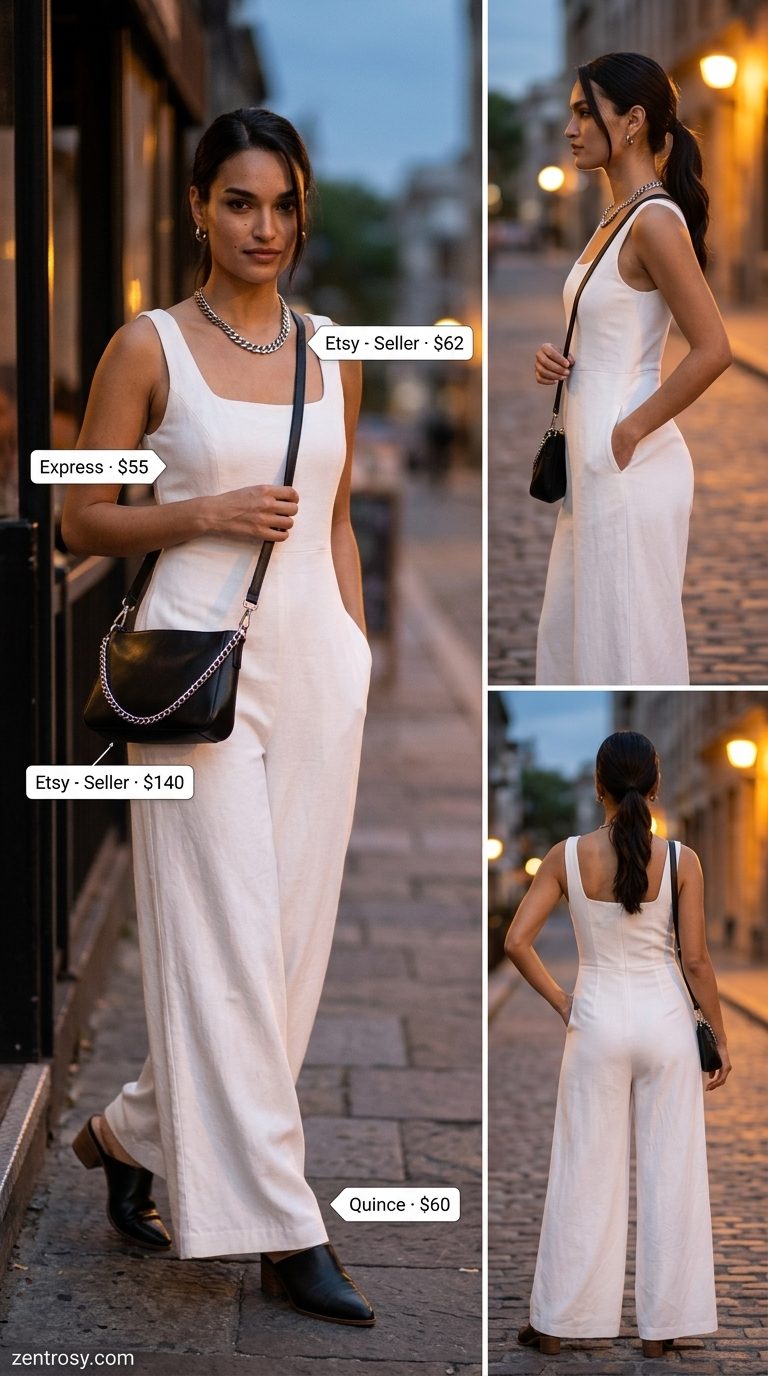 Chic white wide leg summer linen jumpsuit for women 2026, styled for city nights with black mules.