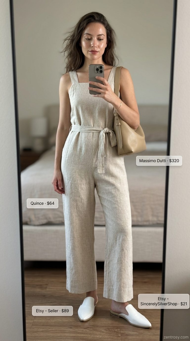 Minimalist beige linen jumpsuit for women 2026, with a square neckline, styled with leather mules and a shoulder bag.