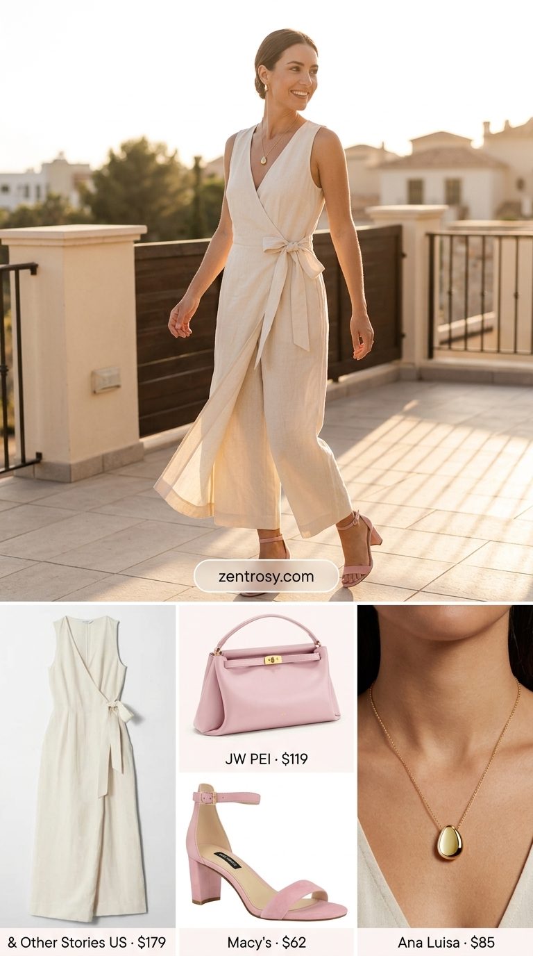 Chic cream linen jumpsuit for women 2026, with flutter sleeves and a wrap bodice, perfect for summer events and dinner.