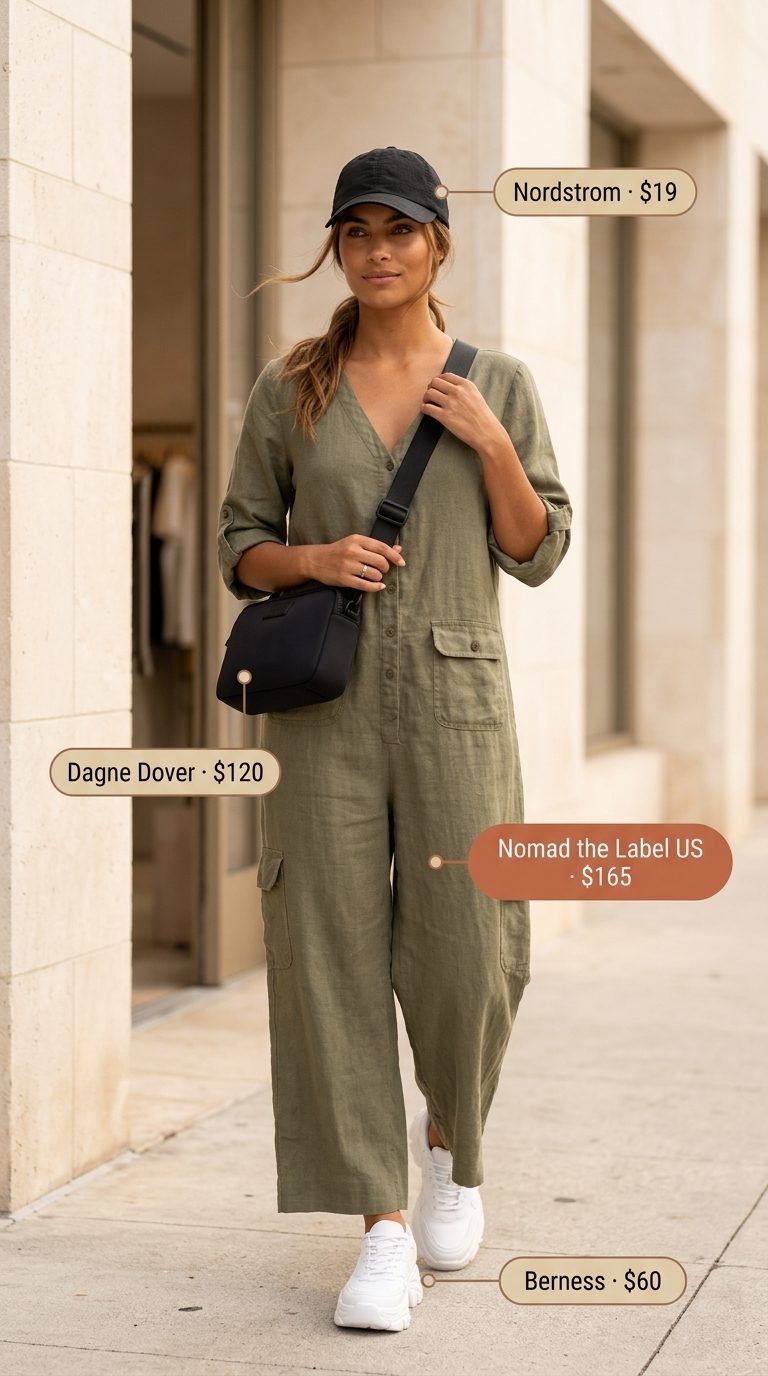 Utility chic olive green linen jumpsuit for women 2026, perfect for casual weekends, paired with chunky sneakers and a crossbody bag.