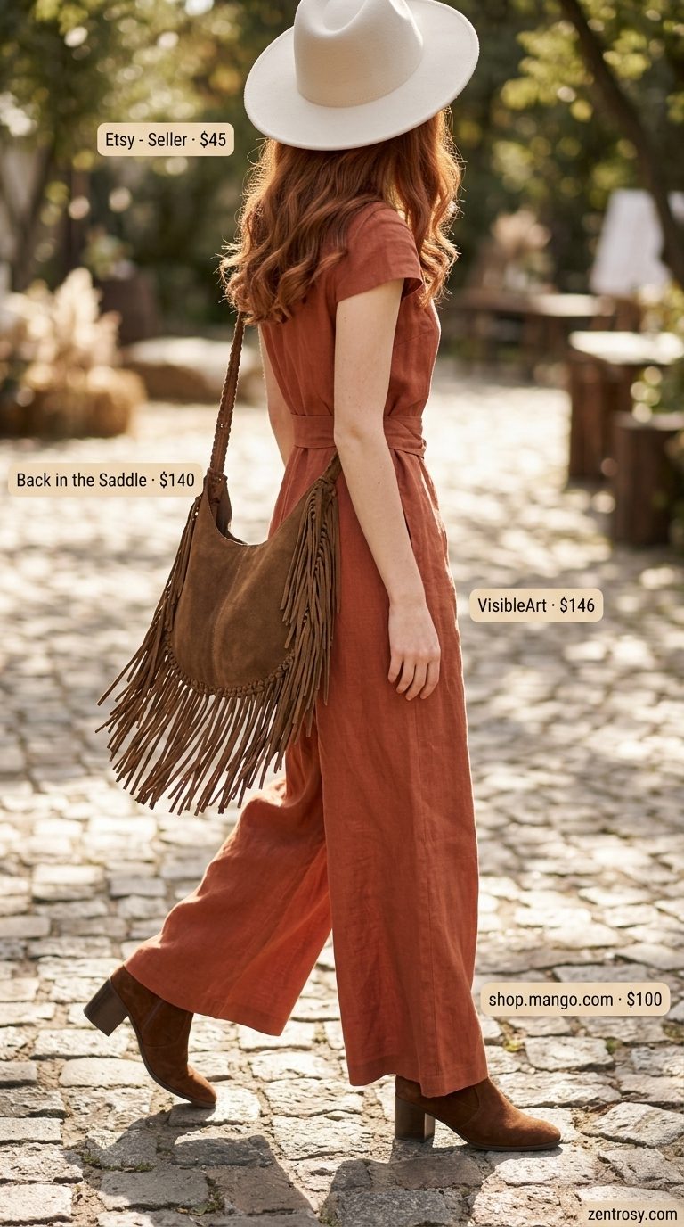 Earthy rust linen jumpsuit for women 2026, styled with a wide-brim hat, suede bag, and ankle boots for boho chic events.
