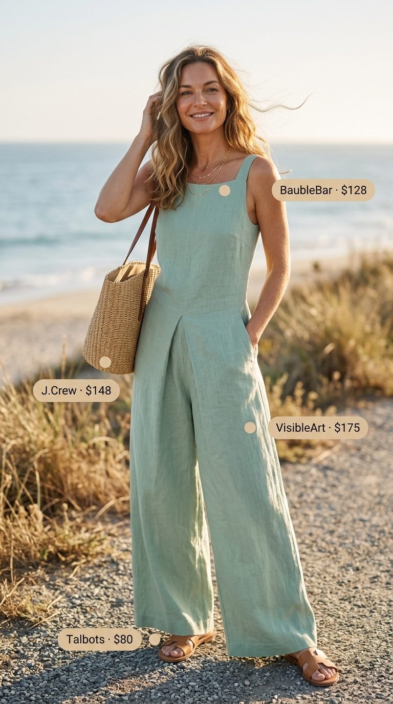 Airy seafoam green linen jumpsuit for women 2026, ideal for beach days, paired with flat leather slides and a straw tote bag.