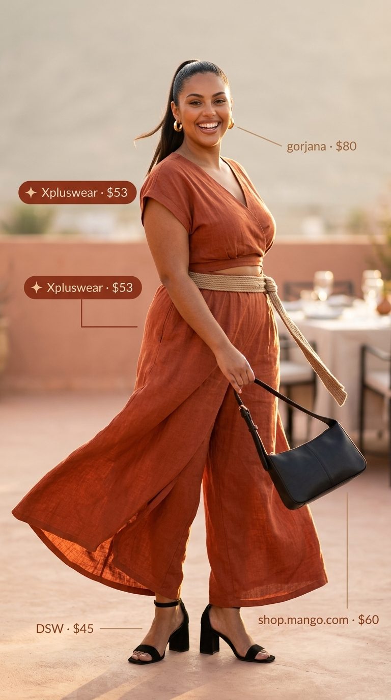 Sophisticated terracotta linen jumpsuit for women 2026, ideal for evening events, with block heel sandals and a clutch.