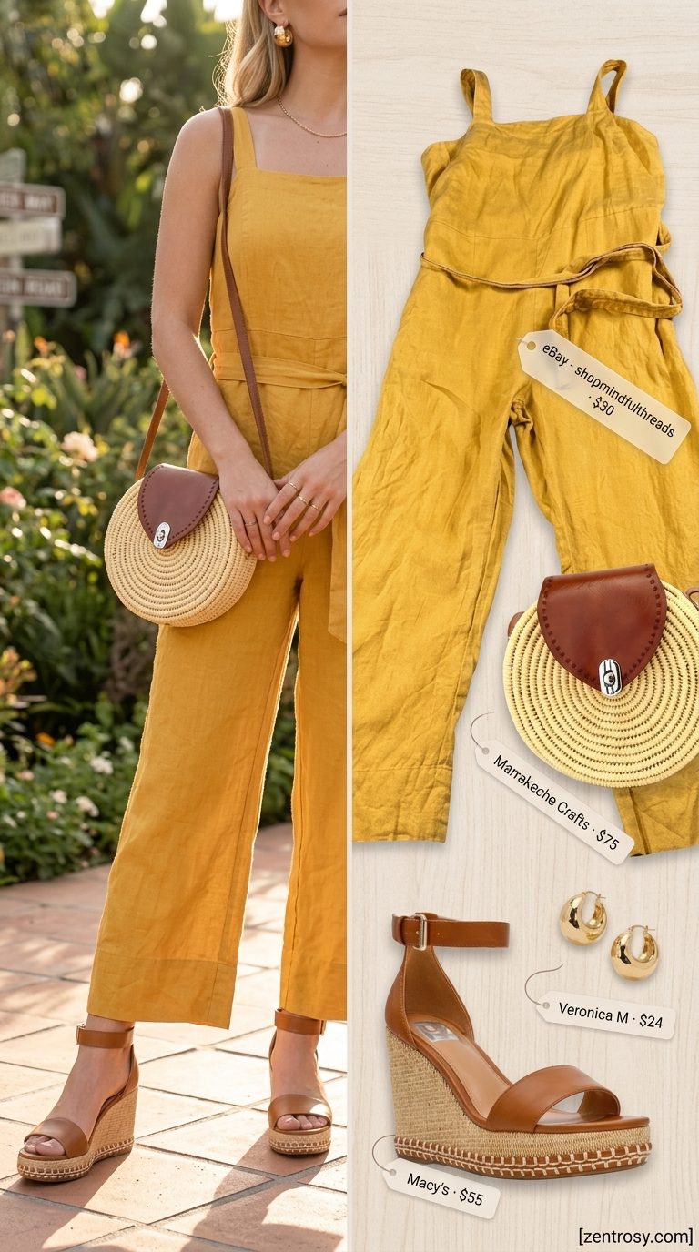 Golden yellow linen jumpsuit for women 2026, perfect for summer evenings, paired with espadrille wedges and a straw crossbody bag.