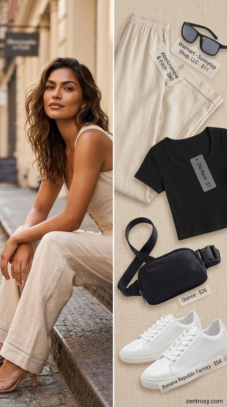 Athleisure Linen Pants for Women 2026 Beige wide leg summer linen pants for women 2026 styled with a black crop top and belt bag for athleisure.