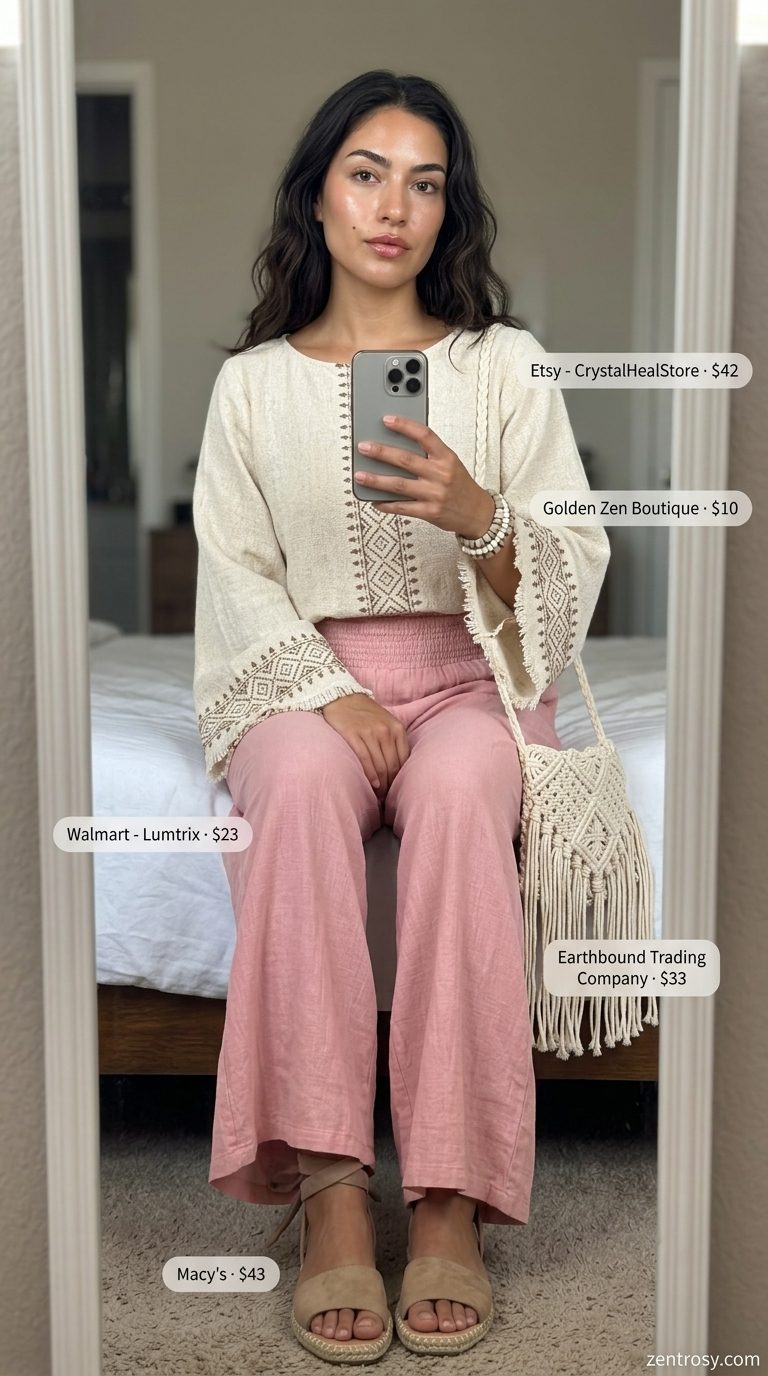 Boho Linen Pants for Women 2026 Blush pink wide leg summer linen pants for women 2026 with a boho embroidered blouse and espadrilles.