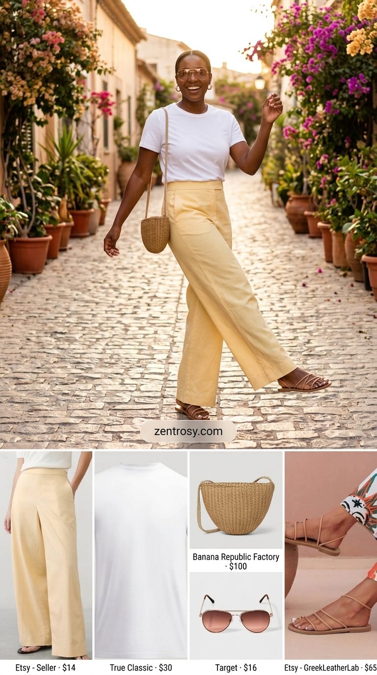 Citrus Linen Pants for Women 2026 Lemon yellow wide leg summer linen pants for women 2026 with a white tee and straw bag.