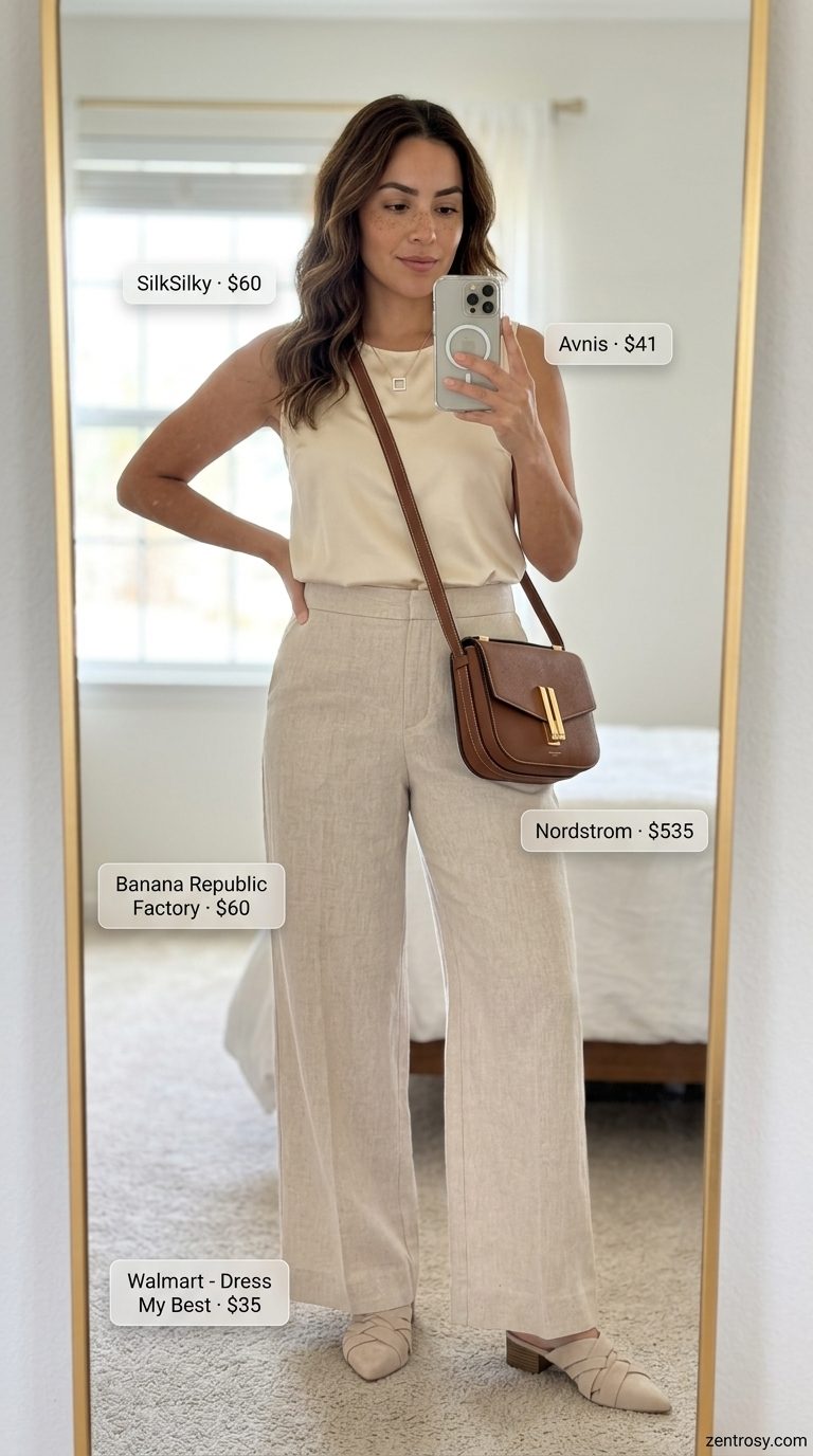 Monochromatic Linen Pants for Women 2026 Cream wide leg tailored linen pants for women 2026 in a monochromatic business casual outfit.