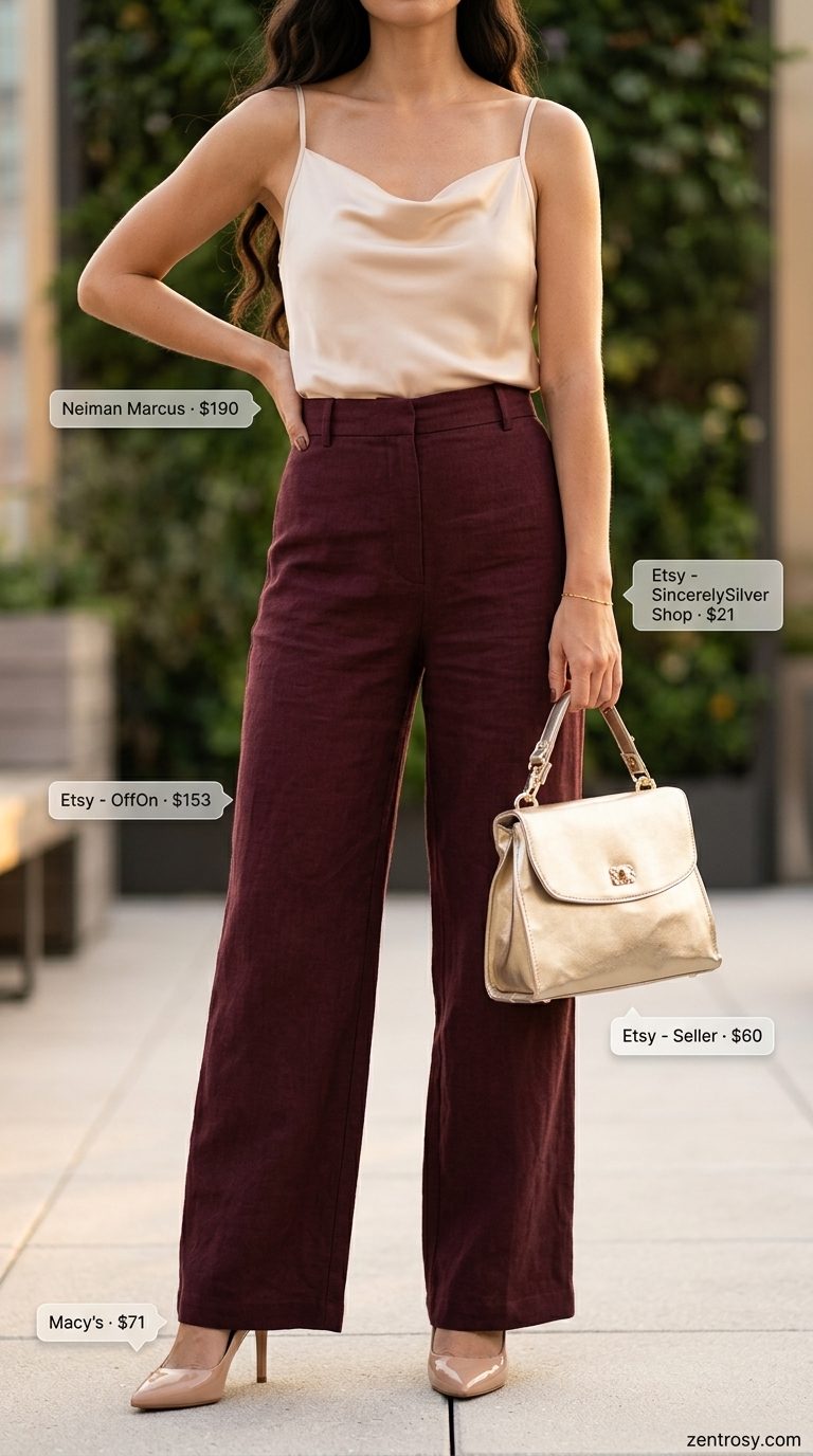 Chic Linen Pants for Evening 2026 Chic linen separates: burgundy wide leg linen pants, champagne satin camisole, gold heels. Evening event.