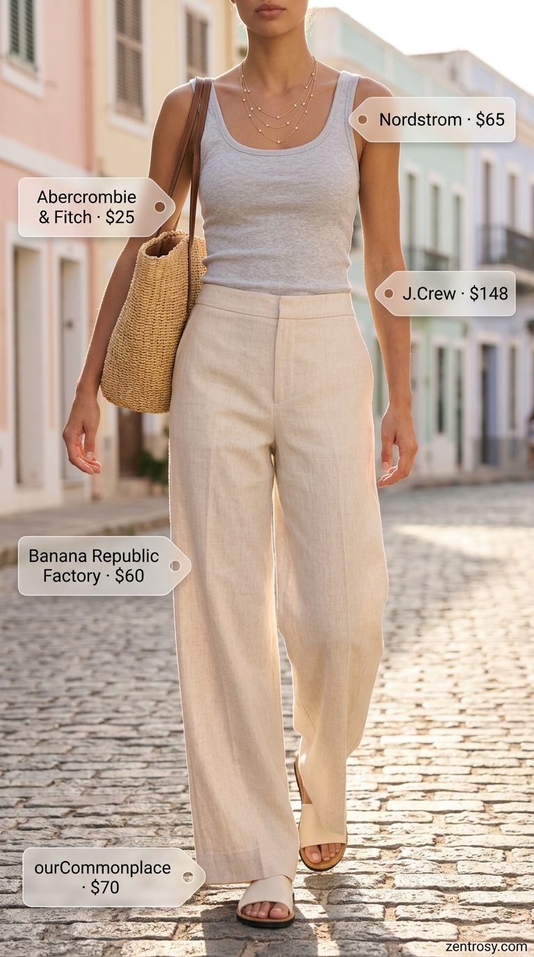 Cream Linen Pants Style 2026 Coastal wide-leg pants: cream linen pants, beige tank, leather slides, straw tote. Casual day out.