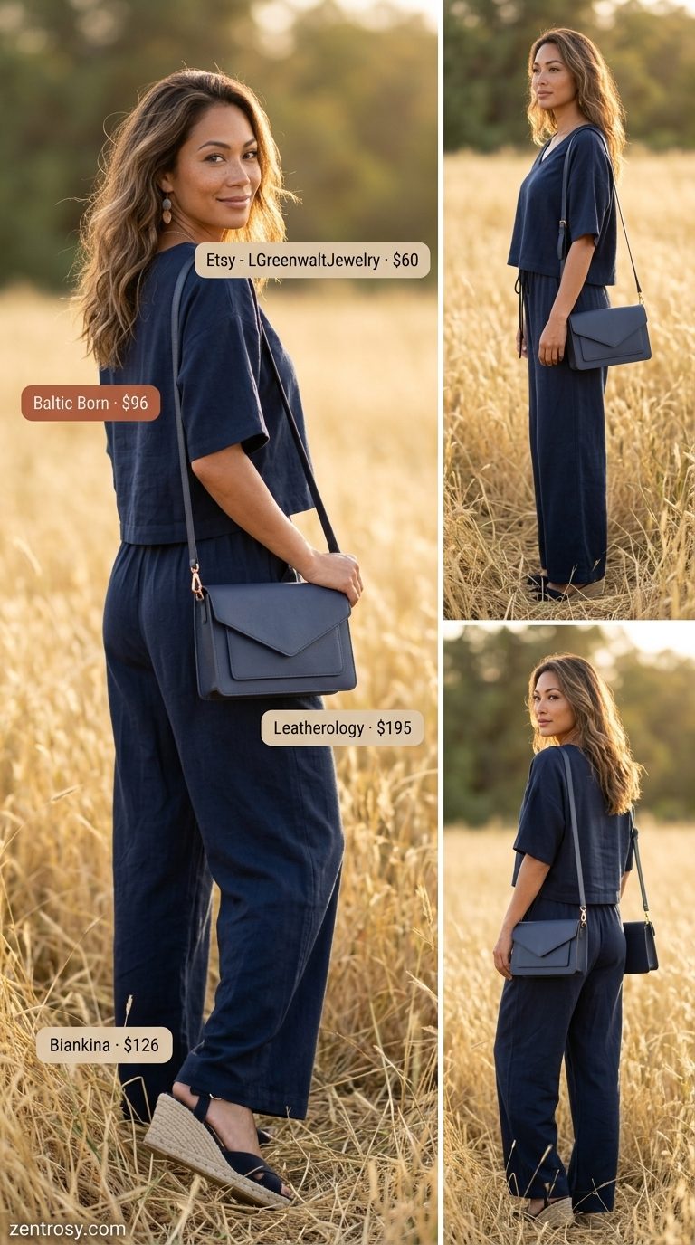 Elevated Linen Set 2026 Elevated linen set: navy wide leg pants, bandeau top, espadrille wedges, gold earrings. Summer event.